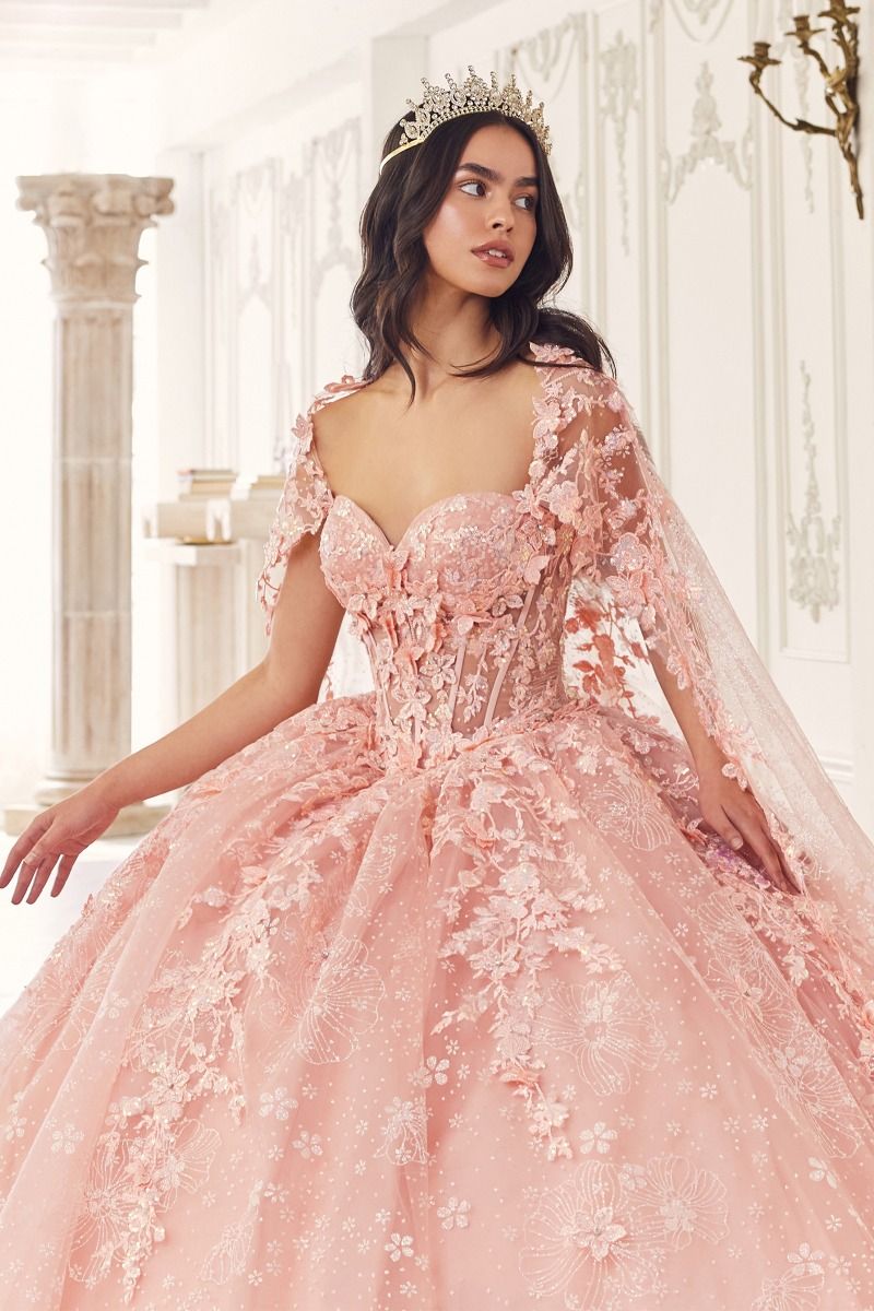 FLORAL QUINCEANERA BALL GOWN WITH CAPE CD15719
