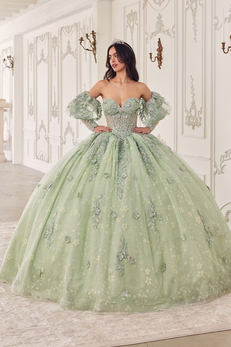 STRAPLESS LACE QUINCEANERA BALL GOWN WITH REMOVABLE PUFF SLEEVES CD15722