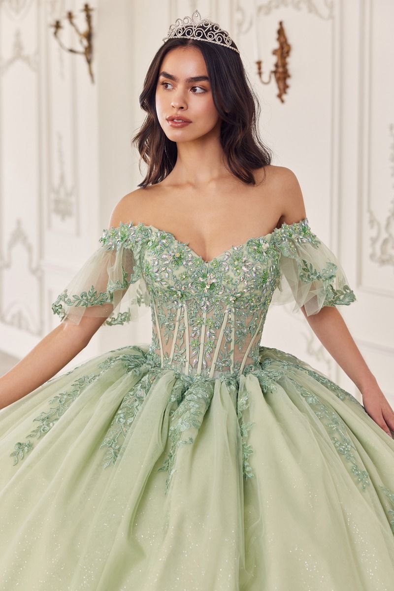 OFF THE SHOULDER FLUTTER SLEEVE BALL GOWN CD15725