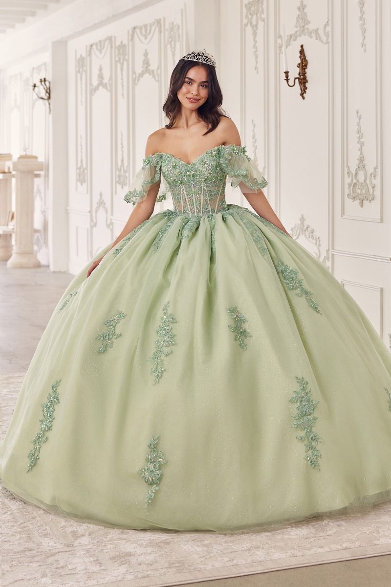 OFF THE SHOULDER FLUTTER SLEEVE BALL GOWN CD15725