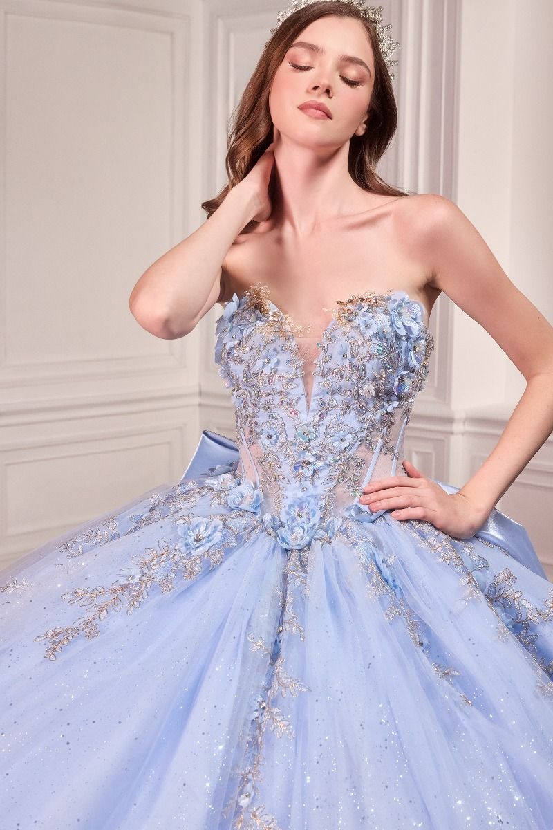 Strapless Sweetheart Glitter Ball Gown with 3D Floral Appliqué & Train CD15726