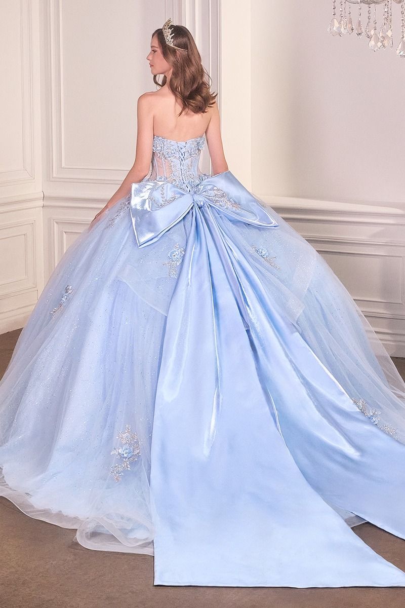 Strapless Sweetheart Glitter Ball Gown with 3D Floral Appliqué & Train CD15726