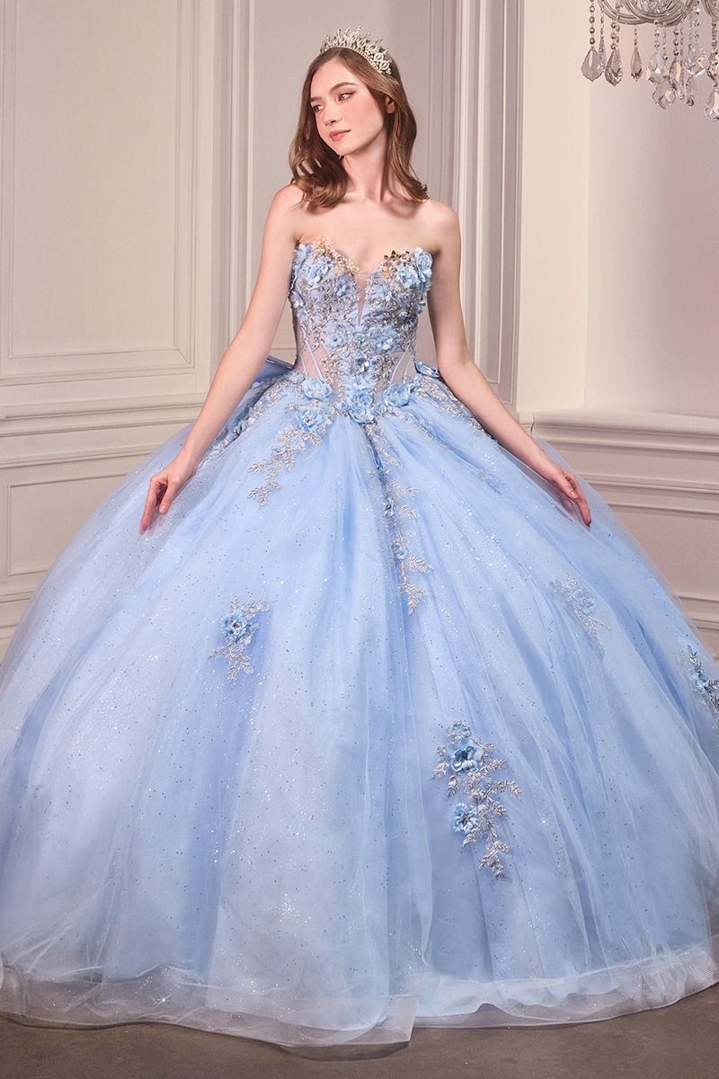 Strapless Sweetheart Glitter Ball Gown with 3D Floral Appliqué & Train CD15726