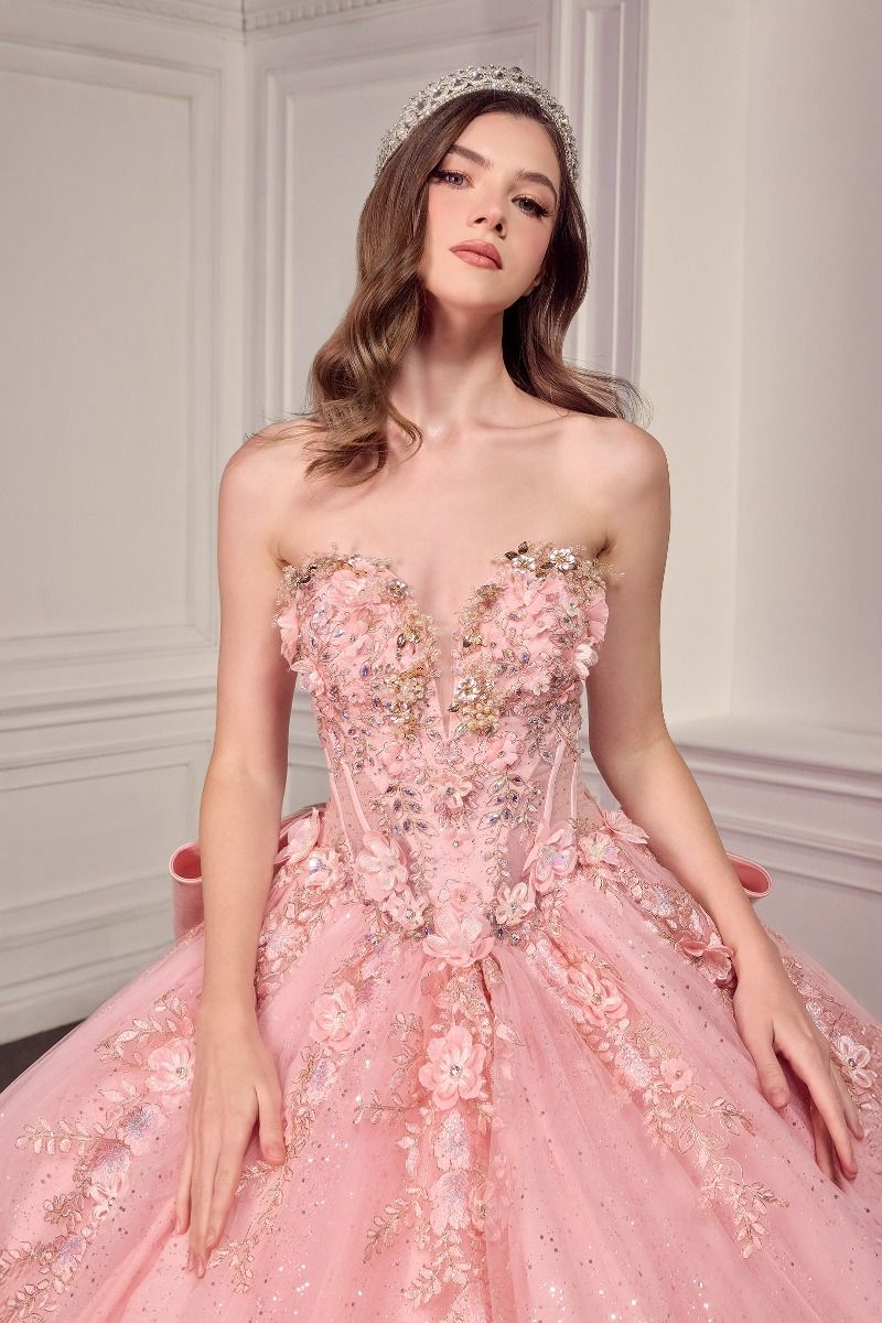 Strapless Sweetheart Glitter Ball Gown with 3D Floral Appliqué & Train CD15726