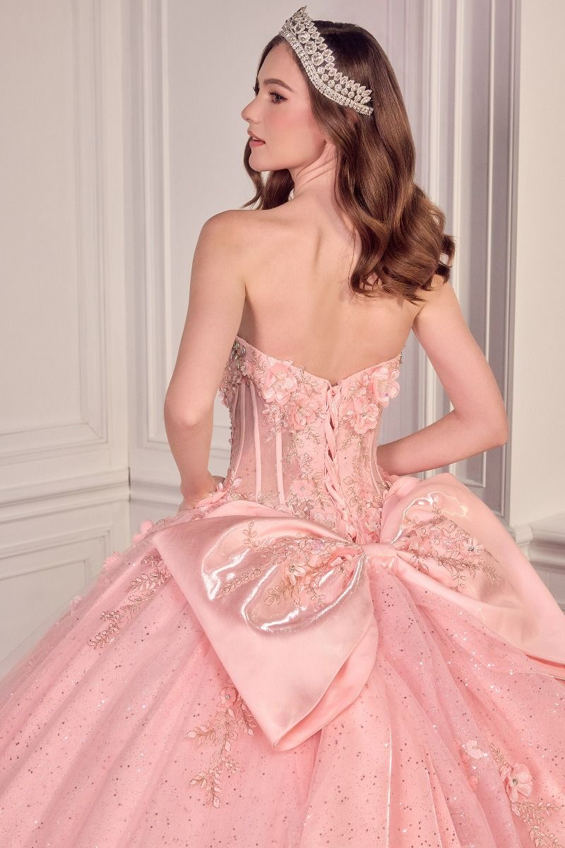 Strapless Sweetheart Glitter Ball Gown with 3D Floral Appliqué & Train CD15726