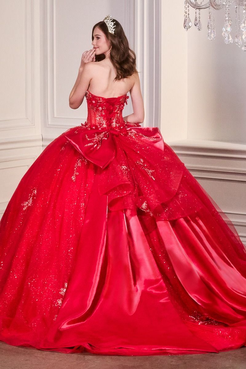 Strapless Sweetheart Glitter Ball Gown with 3D Floral Appliqué & Train CD15726