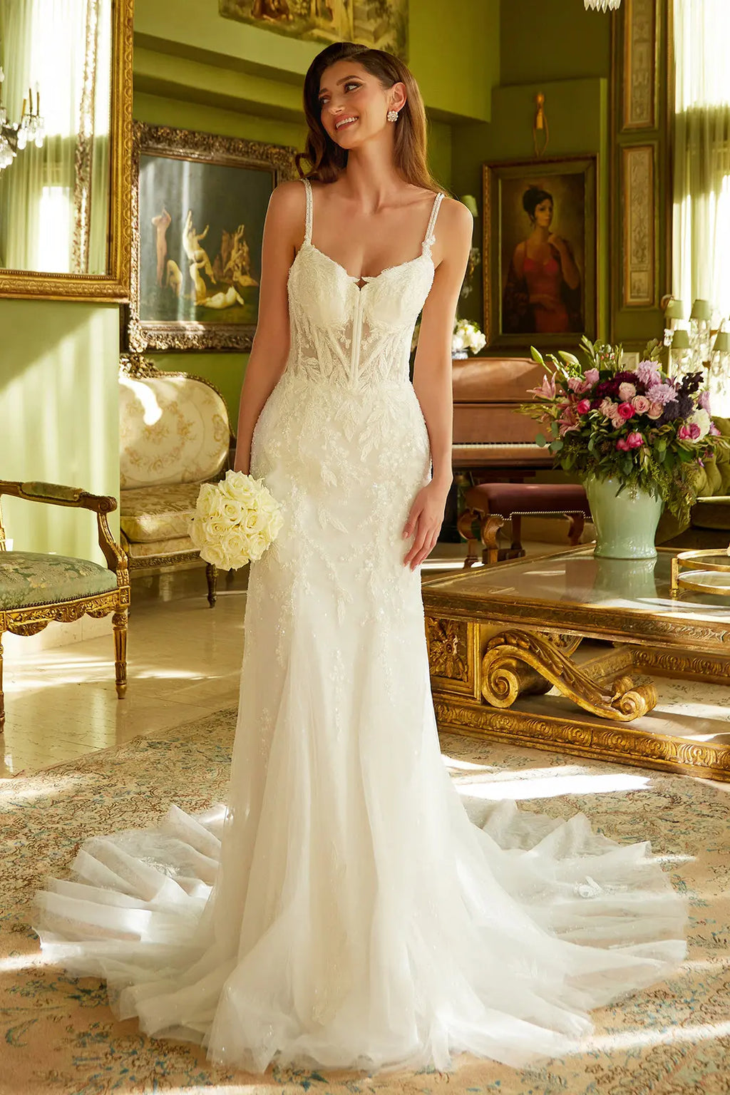 Fitted Wedding Dress A Double Spaghetti-Strap, V-Neckline Corset Bodice.-0