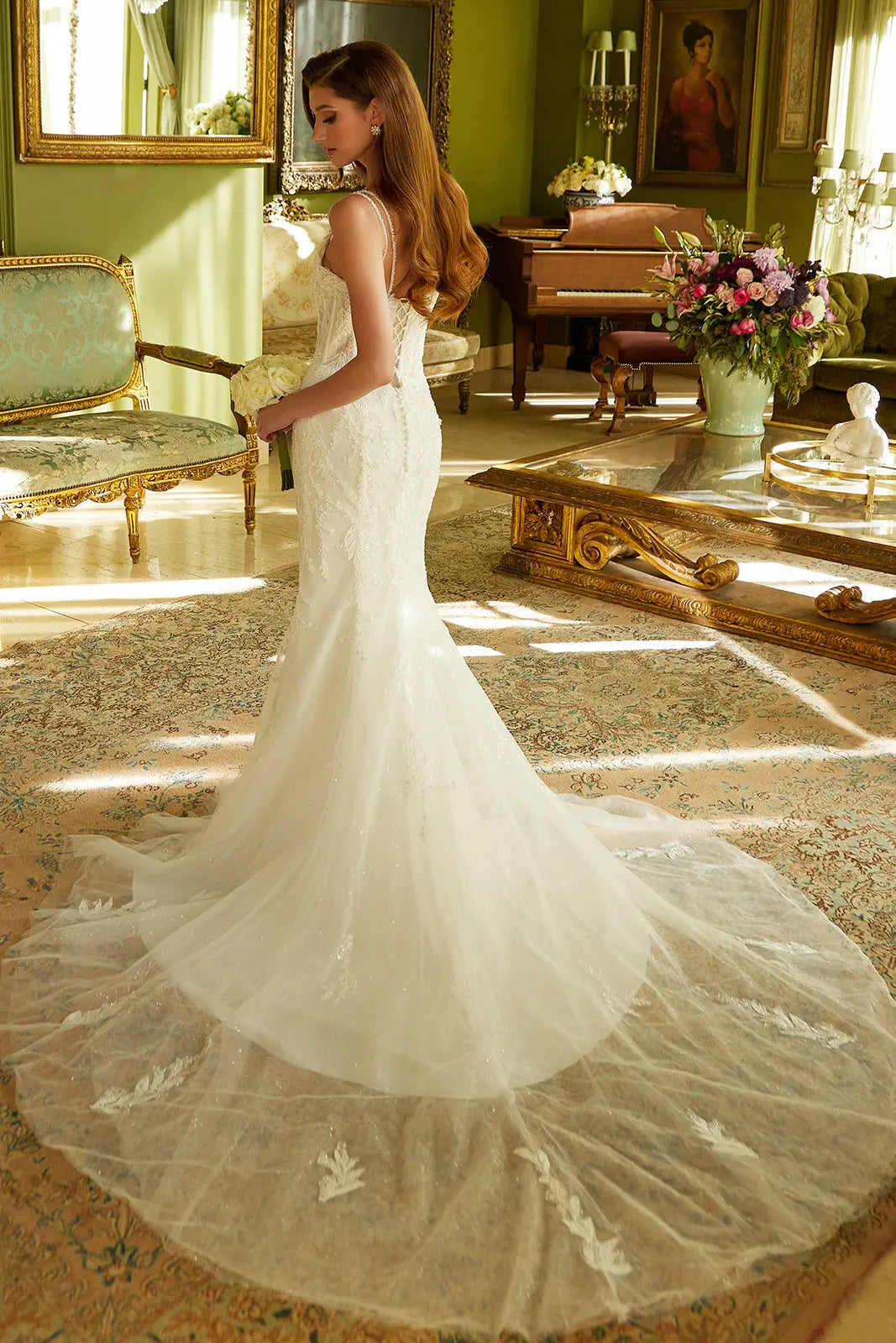 Fitted Wedding Dress A Double Spaghetti-Strap, V-Neckline Corset Bodice.-1