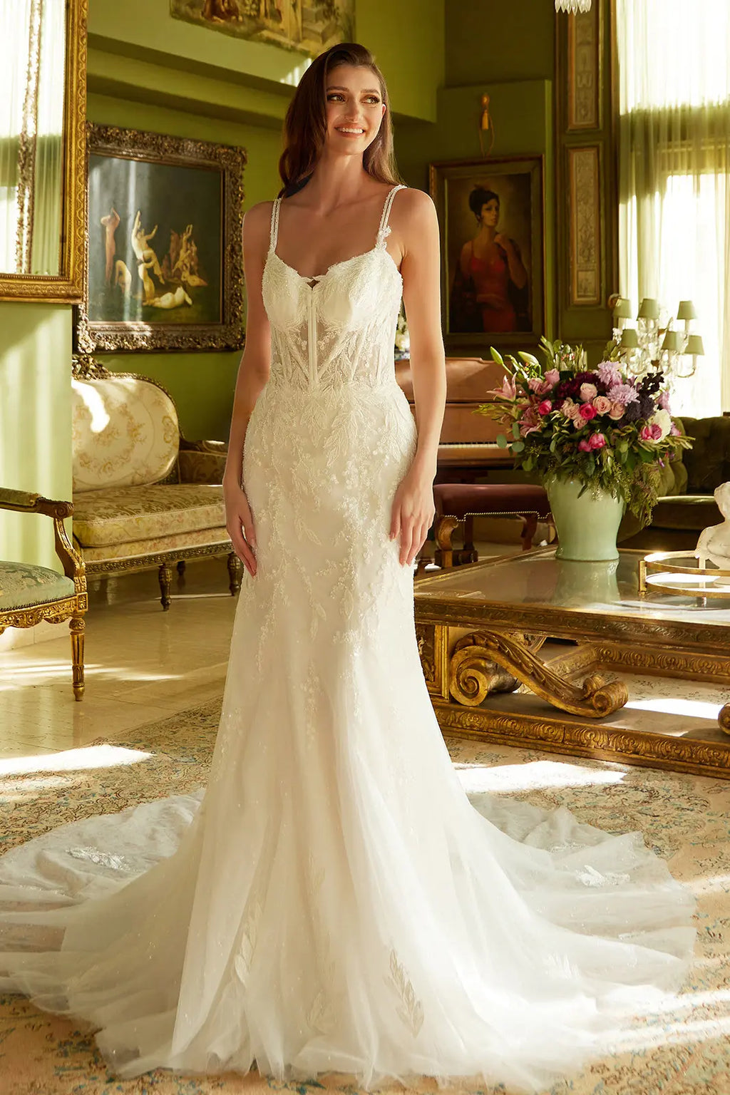 Fitted Wedding Dress A Double Spaghetti-Strap, V-Neckline Corset Bodice.-2