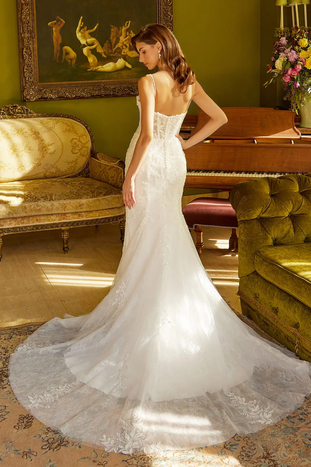 Wedding Dress With Corset, V-Neck And Bodice With Thin Straps, Trumpet Cut-2