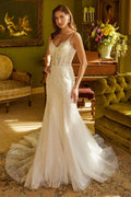 Wedding Dress With Corset, V-Neck And Bodice With Thin Straps, Trumpet Cut-0