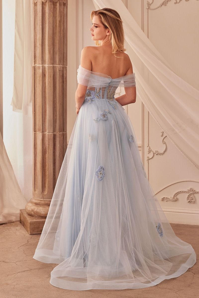 OFF THE SHOULDER FLORAL APPLIQUE BALL GOWN CDA1246