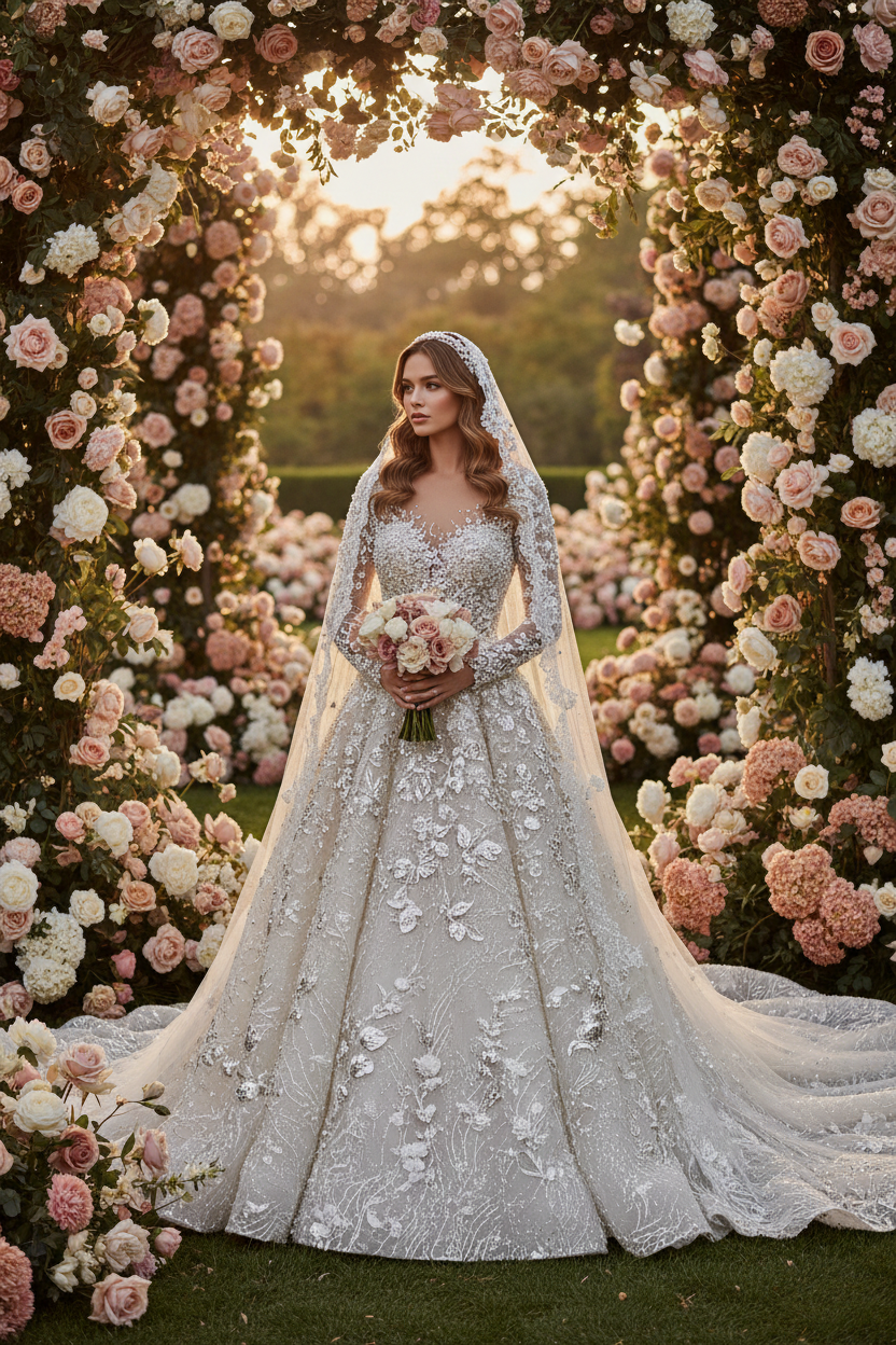 Bride in Embellished Gown with Floral Background