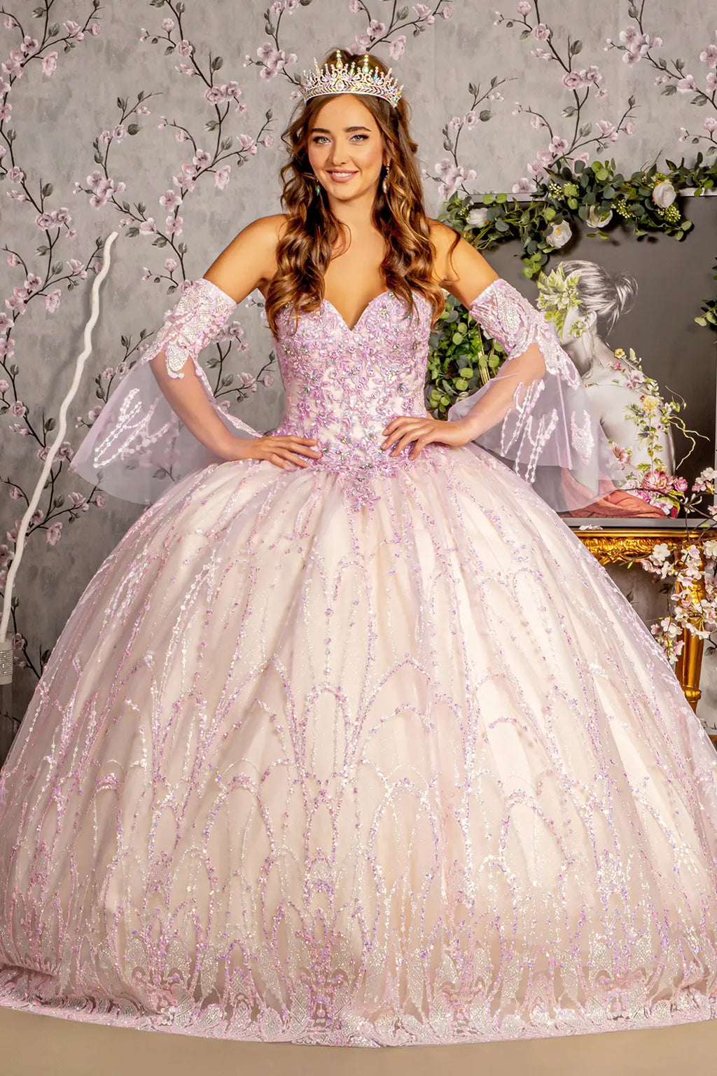 Jewel Sequin Mesh Ball Gown w/ Detachable Long Sleeves GLGL3234