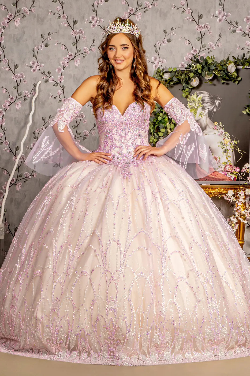 Jewel Sequin Mesh Ball Gown w/ Detachable Long Sleeves GLGL3234