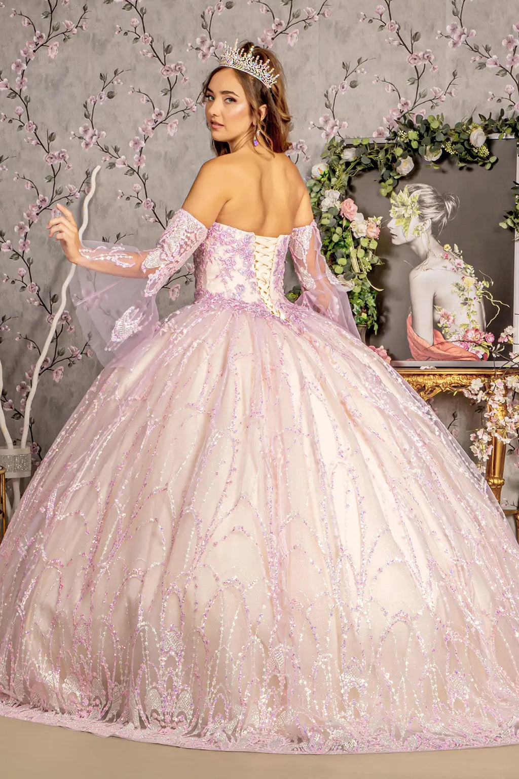 Jewel Sequin Mesh Ball Gown w/ Detachable Long Sleeves GLGL3234