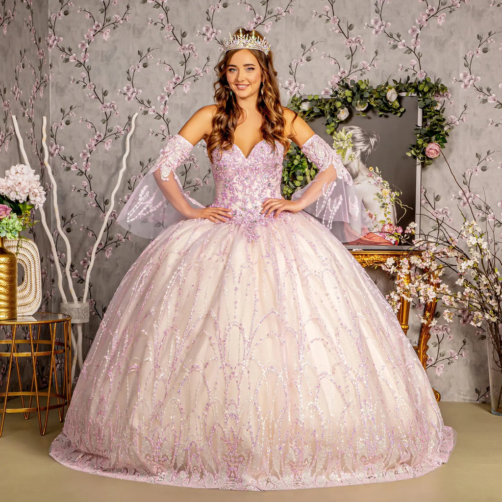 Jewel Sequin Mesh Ball Gown w/ Detachable Long Sleeves GLGL3234