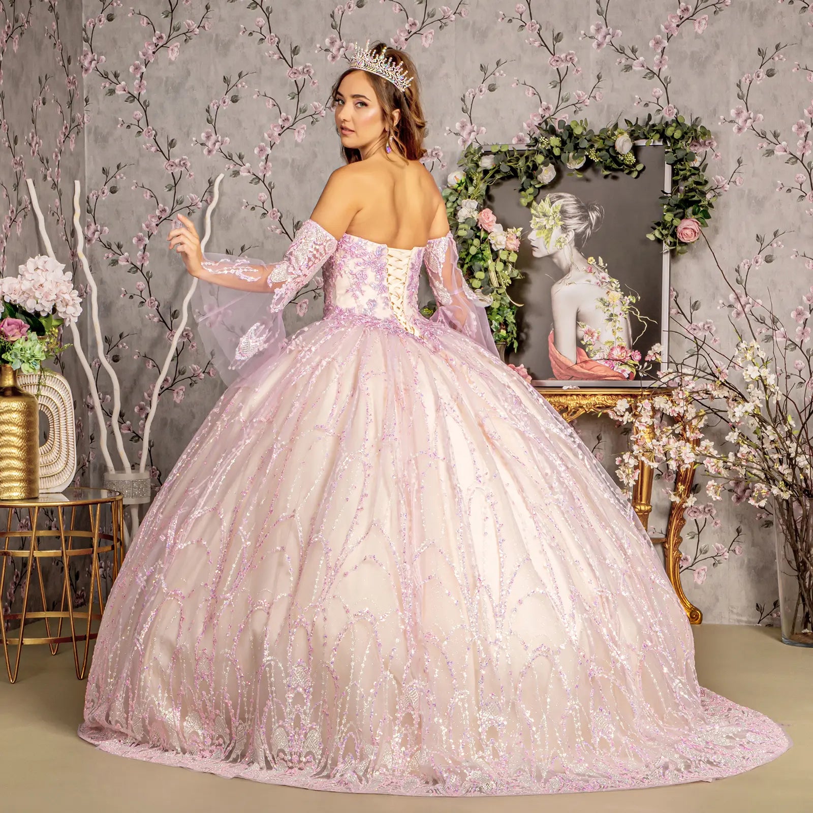 Jewel Sequin Mesh Ball Gown w/ Detachable Long Sleeves GLGL3234
