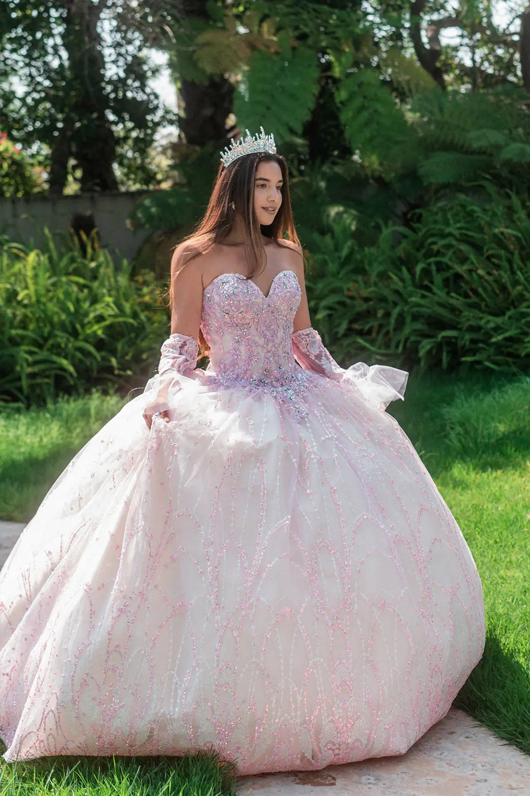 Jewel Sequin Mesh Ball Gown w/ Detachable Long Sleeves GLGL3234