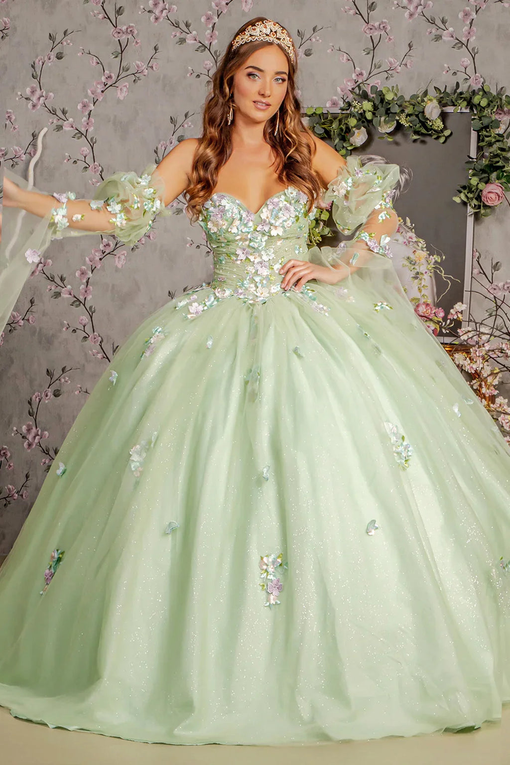 3 d flower ruched bodice mesh ball gown w long puff sleeves GLGL3300