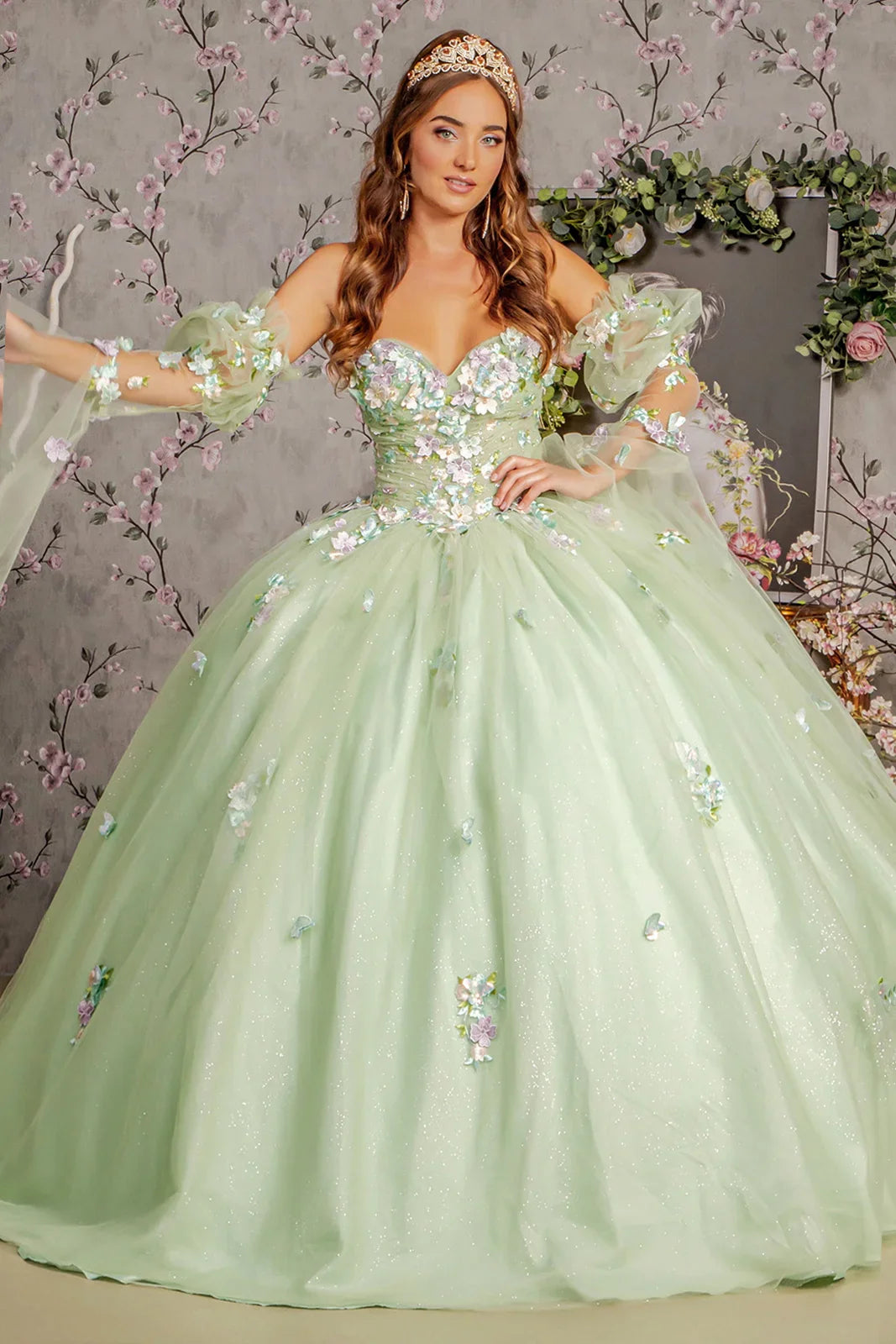 3 d flower ruched bodice mesh ball gown w long puff sleeves GLGL3300
