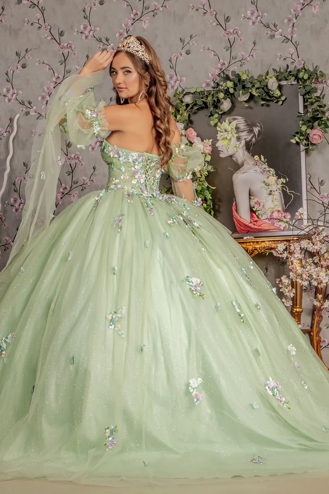 3 d flower ruched bodice mesh ball gown w long puff sleeves GLGL3300