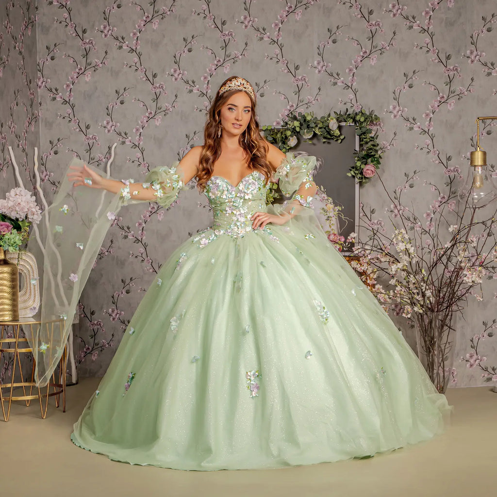 3 d flower ruched bodice mesh ball gown w long puff sleeves GLGL3300
