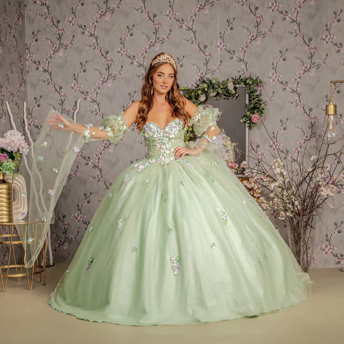 3 d flower ruched bodice mesh ball gown w long puff sleeves GLGL3300