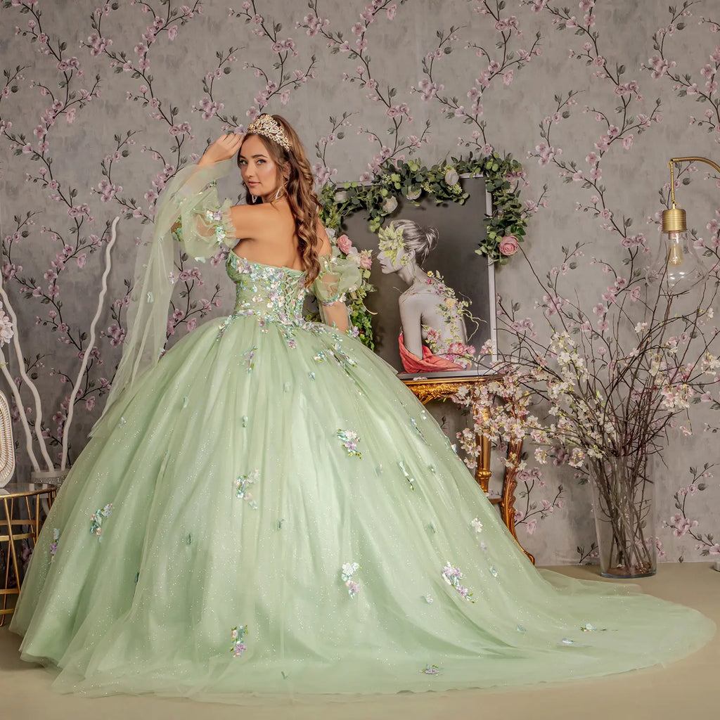 3 d flower ruched bodice mesh ball gown w long puff sleeves GLGL3300