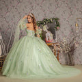 3 d flower ruched bodice mesh ball gown w long puff sleeves GLGL3300