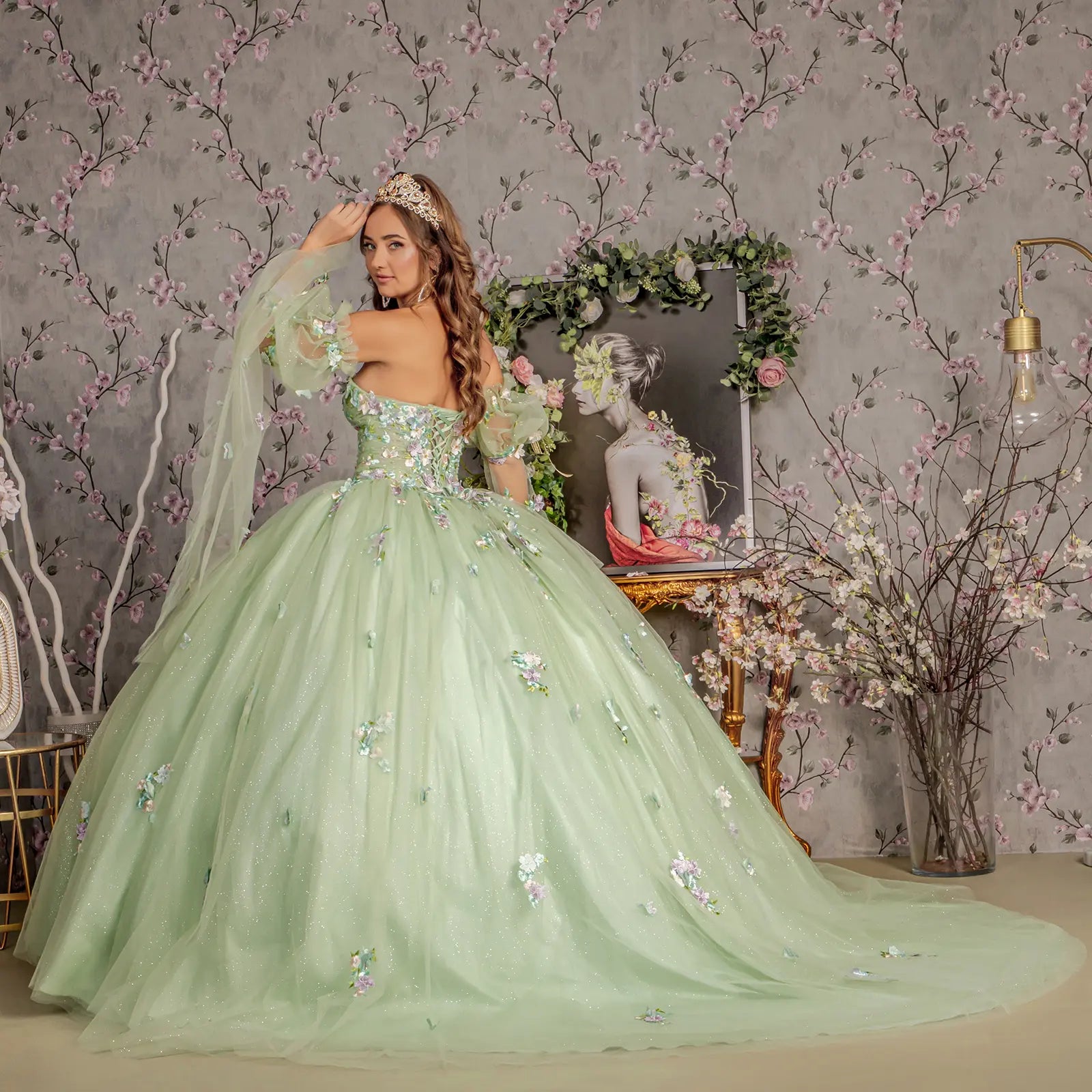 3 d flower ruched bodice mesh ball gown w long puff sleeves GLGL3300