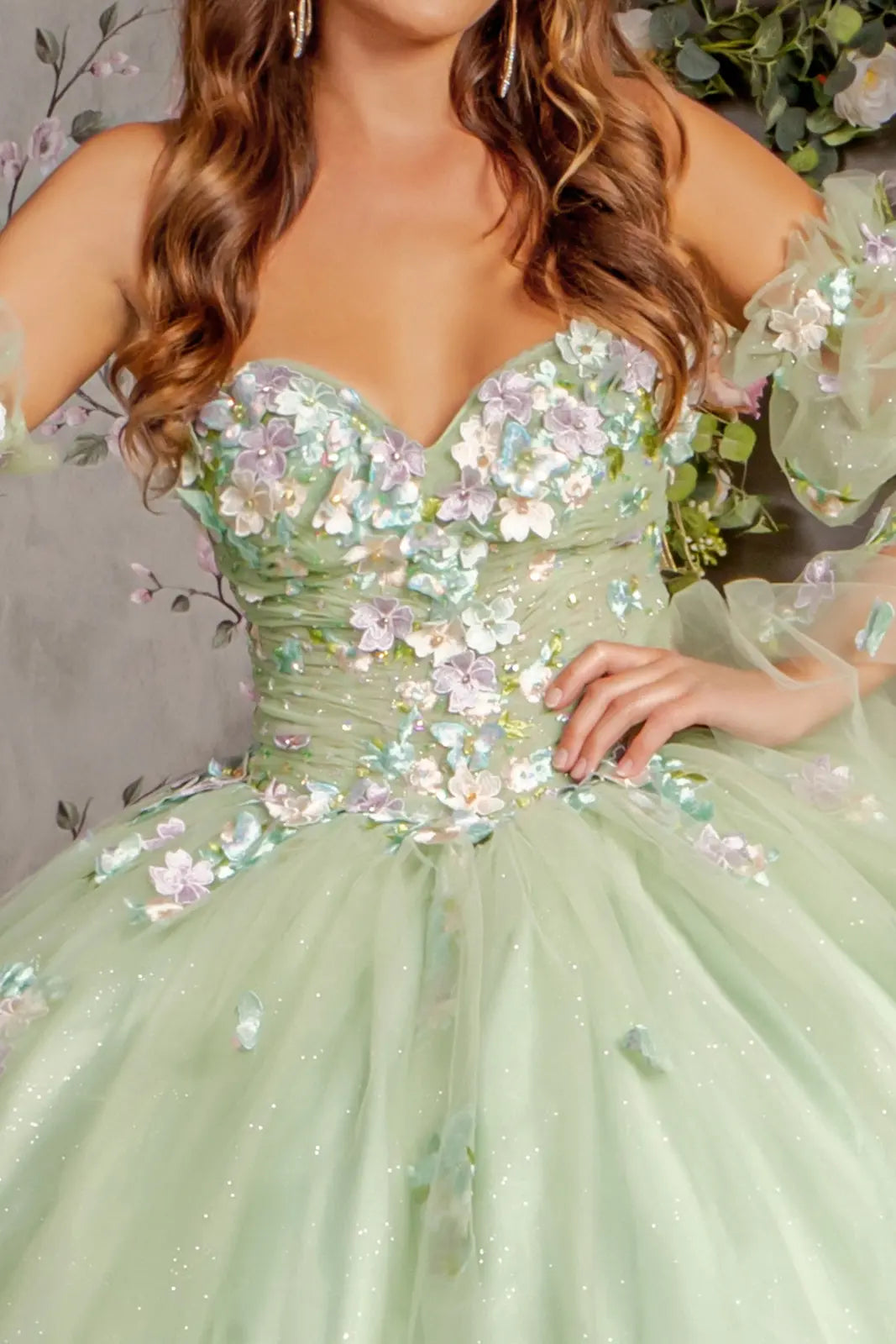 3 d flower ruched bodice mesh ball gown w long puff sleeves GLGL3300