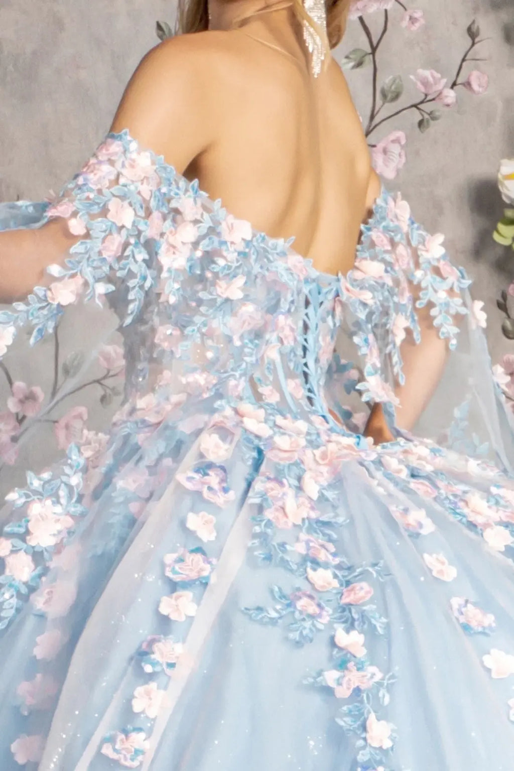 3-D Flower Sheer Bodice Mesh Ball Gown w/ Side Mesh Long Drapes GLGL3468