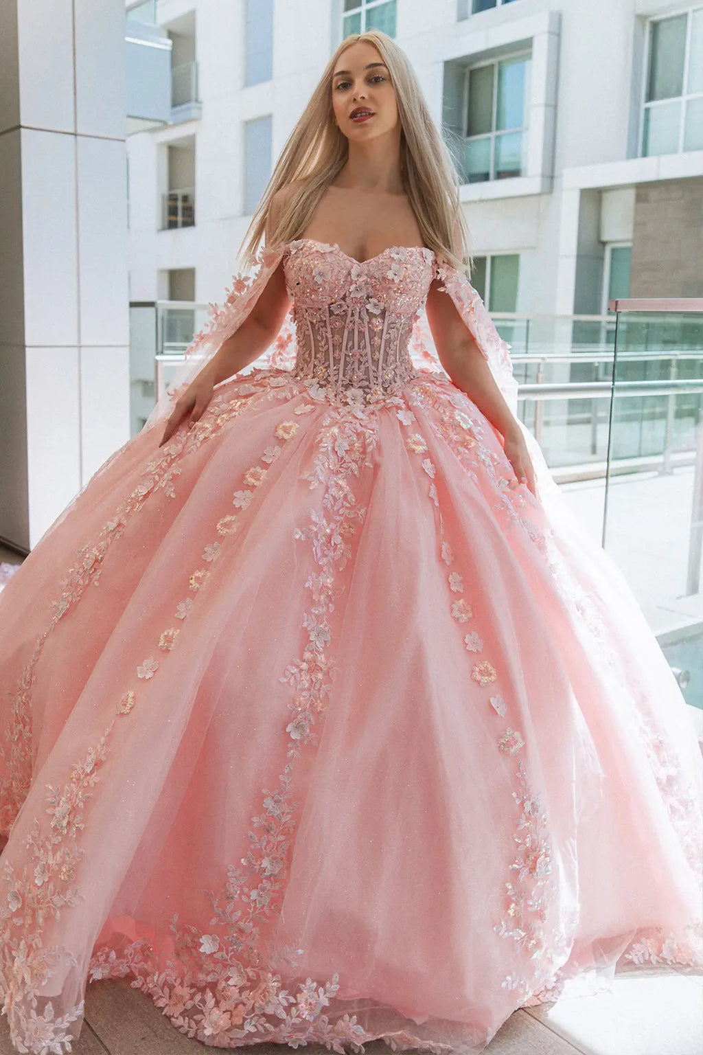 3-D Flower Sheer Bodice Mesh Ball Gown w/ Side Mesh Long Drapes GLGL3468