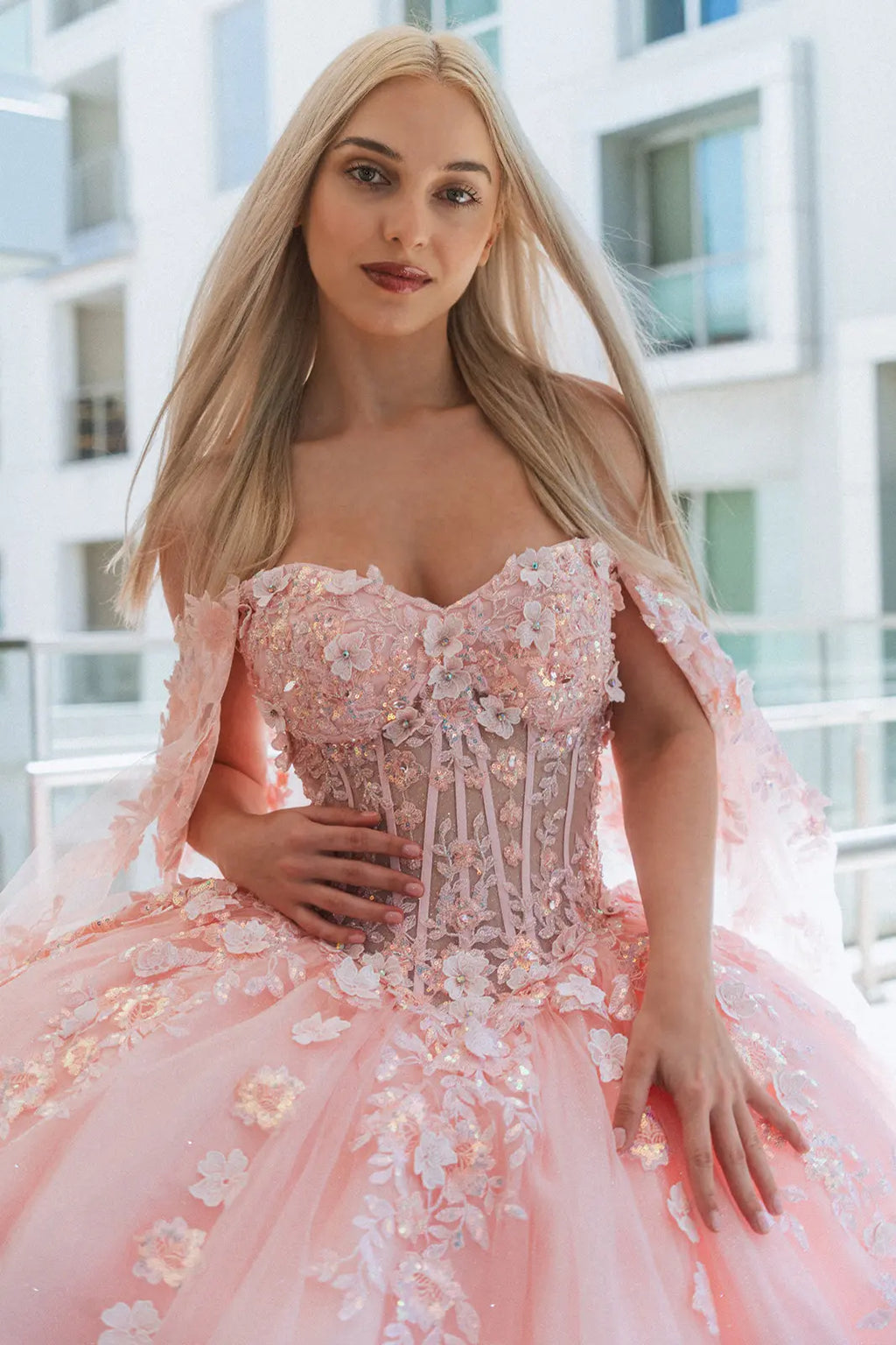 3-D Flower Sheer Bodice Mesh Ball Gown w/ Side Mesh Long Drapes GLGL3468