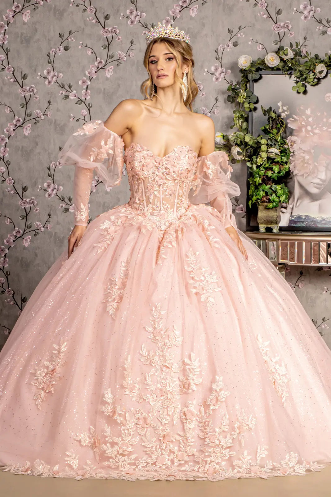 Glitter embroidery sheer bodice mesh ball gown w long puff sleeves GLGL3476
