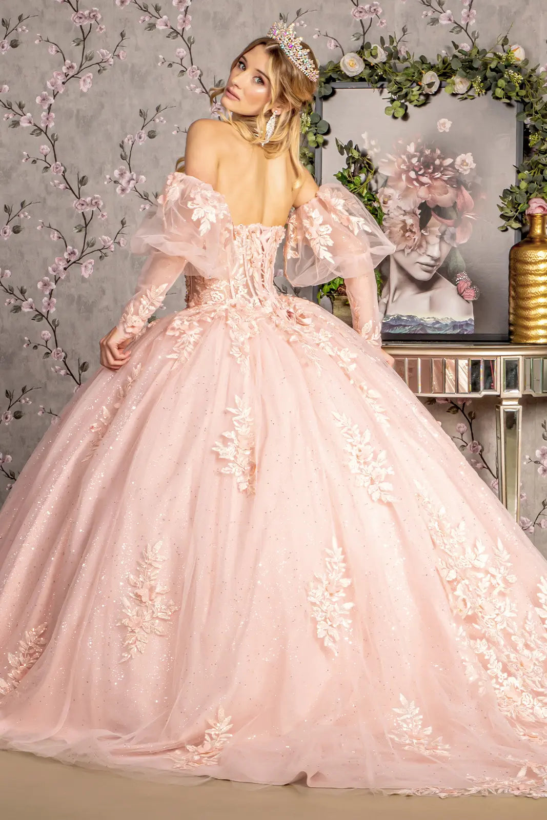 Glitter embroidery sheer bodice mesh ball gown w long puff sleeves GLGL3476