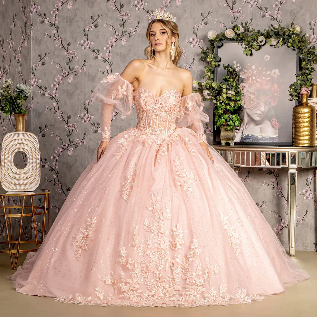 Glitter embroidery sheer bodice mesh ball gown w long puff sleeves GLGL3476