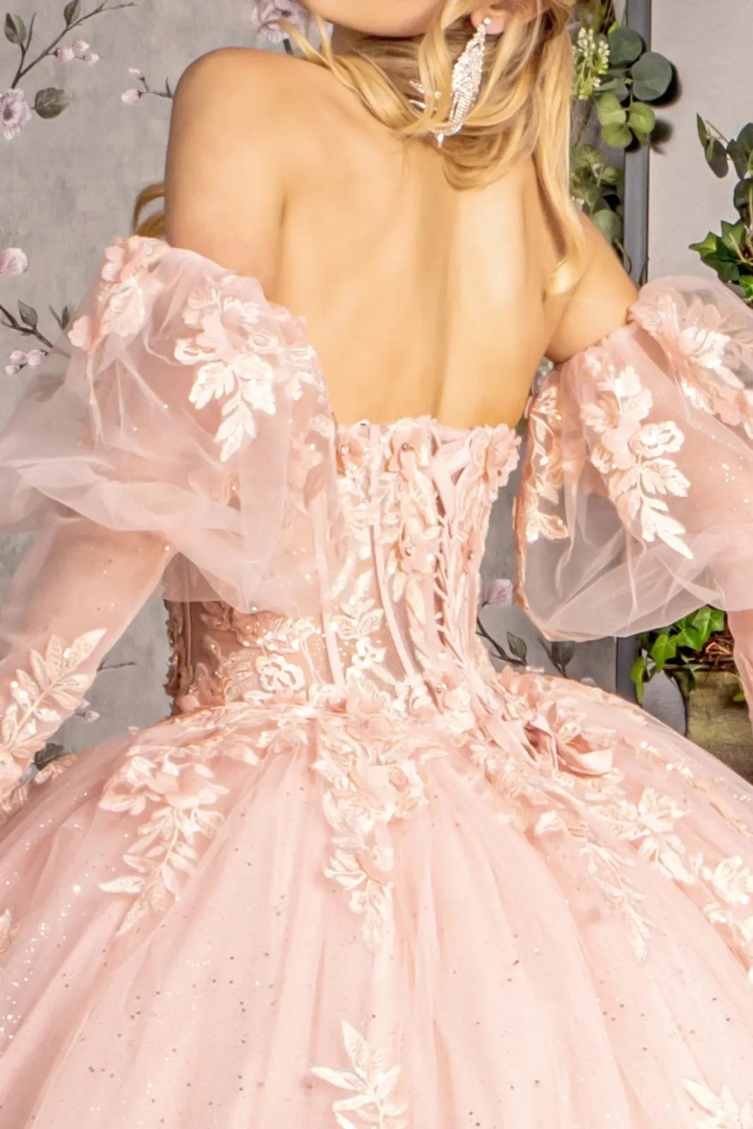 Glitter embroidery sheer bodice mesh ball gown w long puff sleeves GLGL3476
