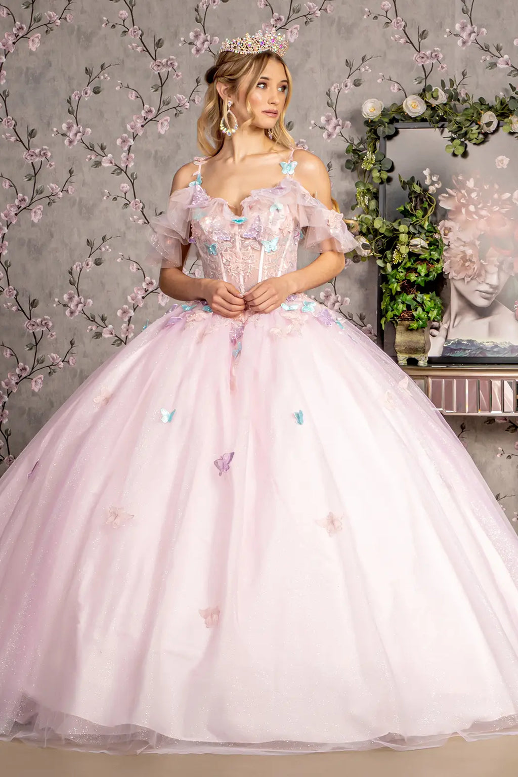 3 d butterfly jewel glitter ruffled sweetheart mesh ball gown GLGL3483