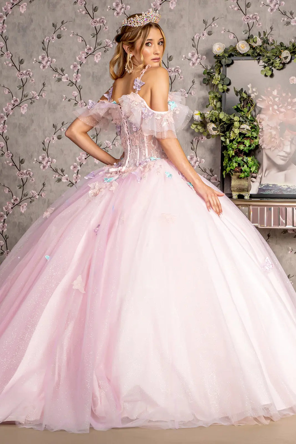 3 d butterfly jewel glitter ruffled sweetheart mesh ball gown GLGL3483