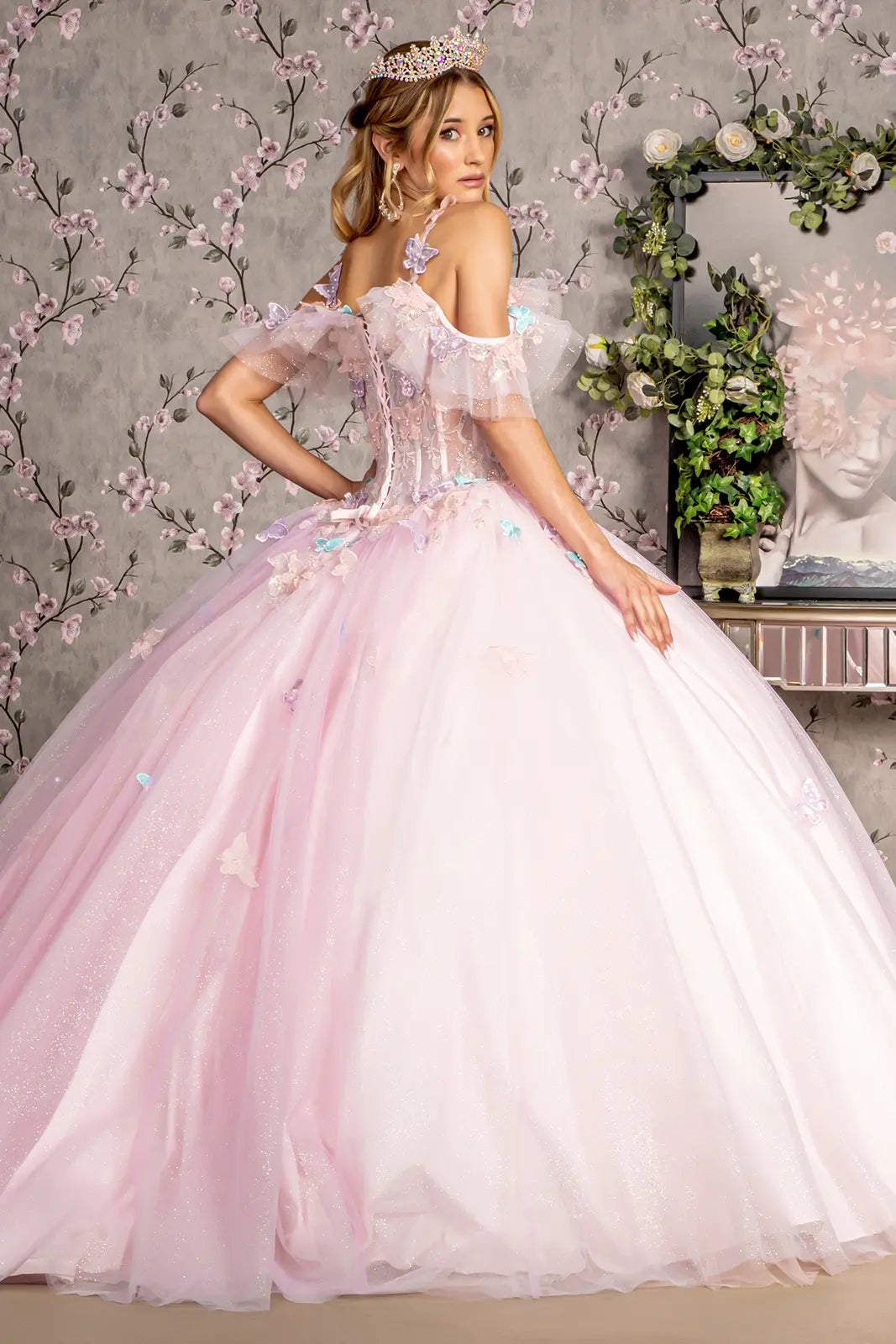 3 d butterfly jewel glitter ruffled sweetheart mesh ball gown GLGL3483