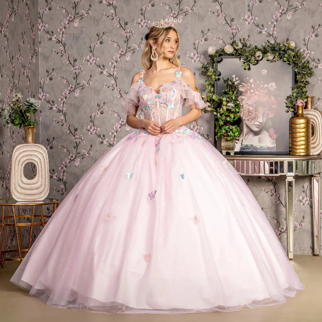 3 d butterfly jewel glitter ruffled sweetheart mesh ball gown GLGL3483