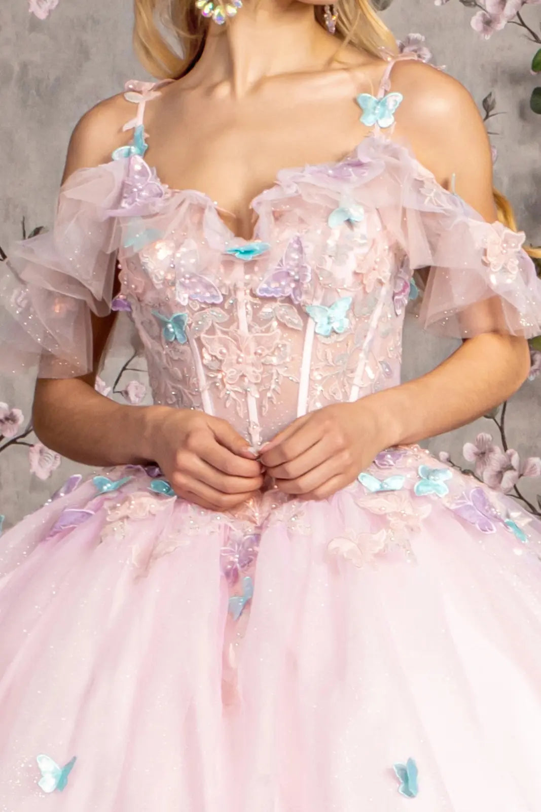 3 d butterfly jewel glitter ruffled sweetheart mesh ball gown GLGL3483