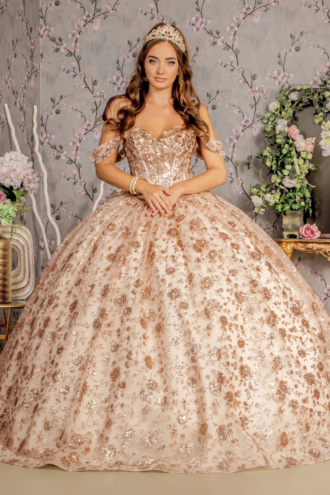 Metallic 3 d flower off shoulder mesh ball gown w ruffled back GLGL3485