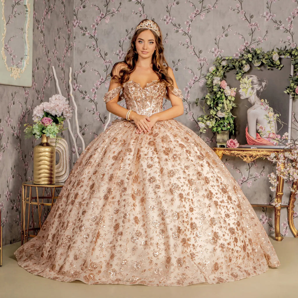 Metallic 3 d flower off shoulder mesh ball gown w ruffled back GLGL3485