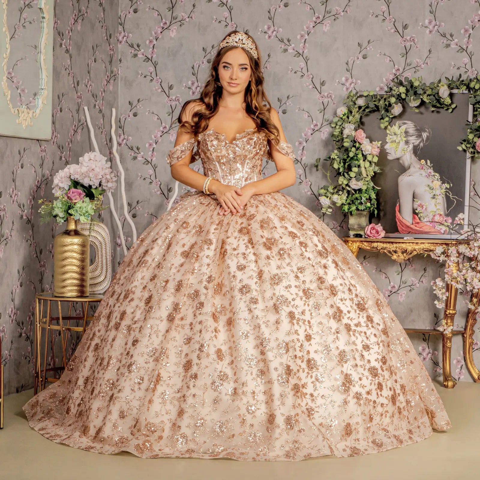 Metallic 3 d flower off shoulder mesh ball gown w ruffled back GLGL3485