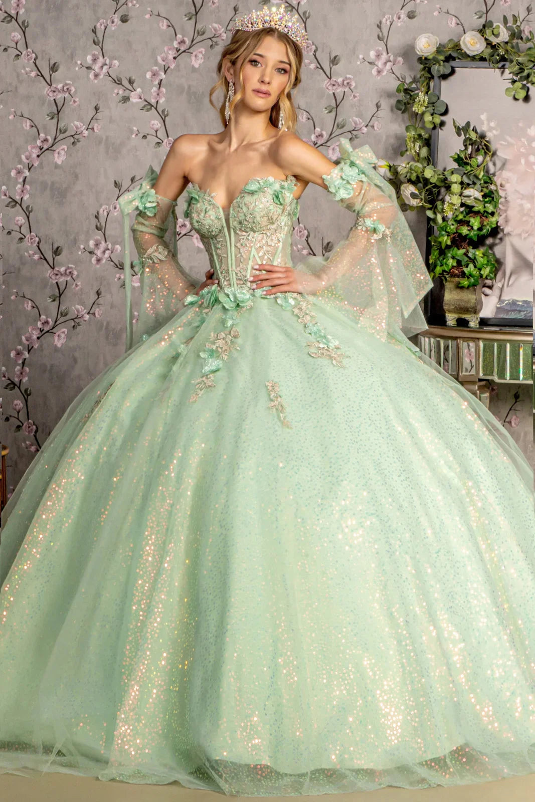 3 D Flower Jewel Sheer Bodice Mesh Ball Gown w Long Sleeves GLGL3486