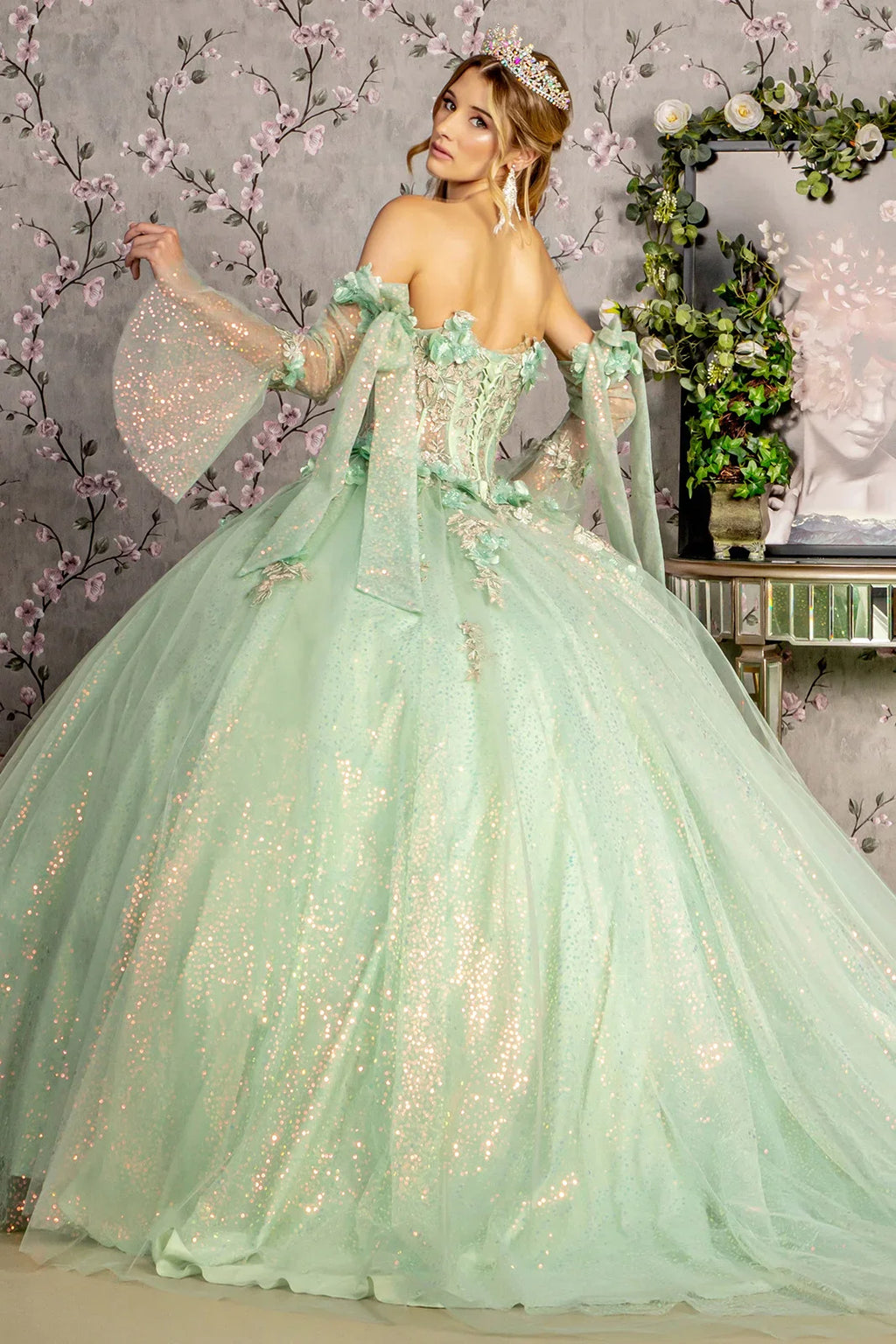 3 D Flower Jewel Sheer Bodice Mesh Ball Gown w Long Sleeves GLGL3486