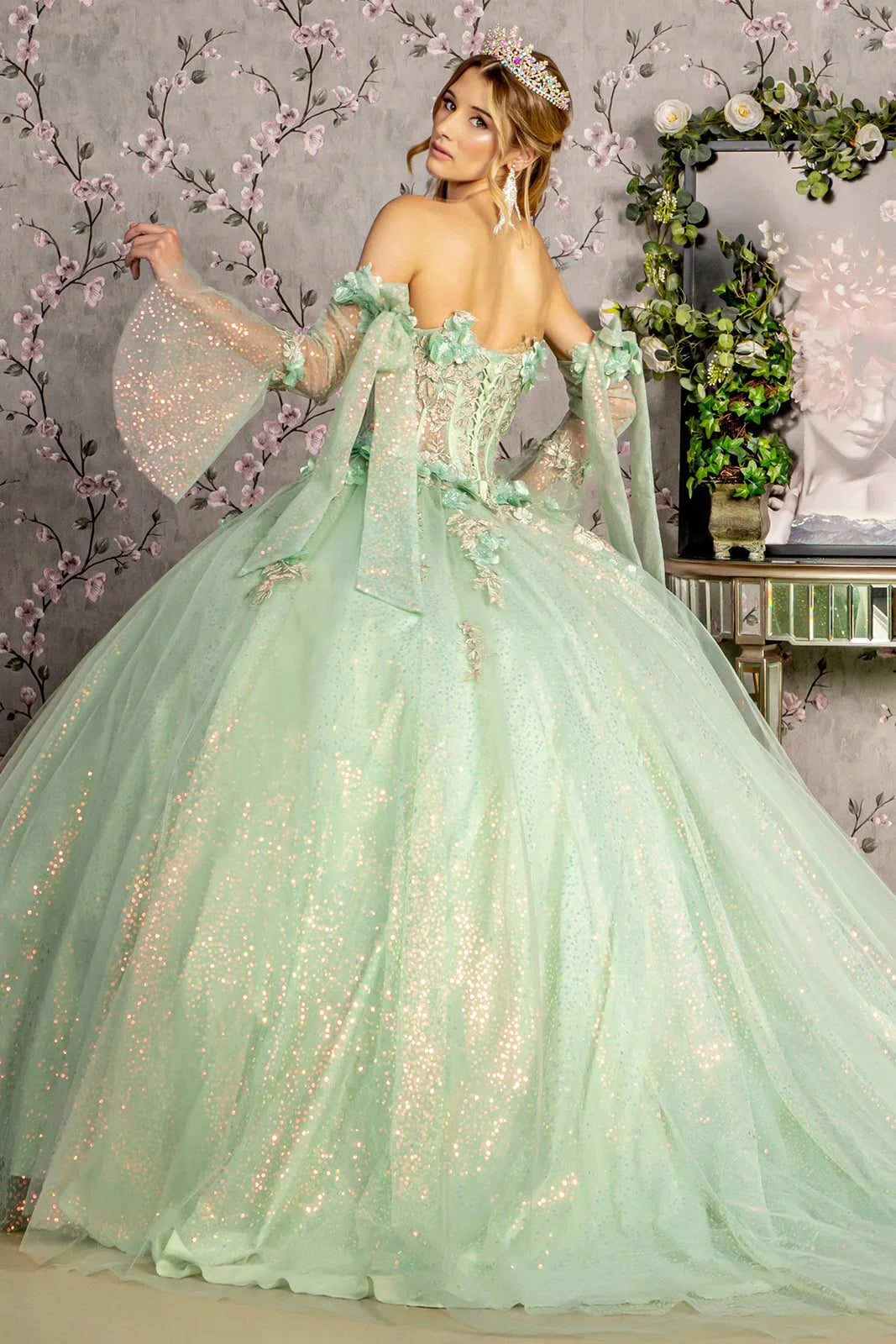 3 D Flower Jewel Sheer Bodice Mesh Ball Gown w Long Sleeves GLGL3486